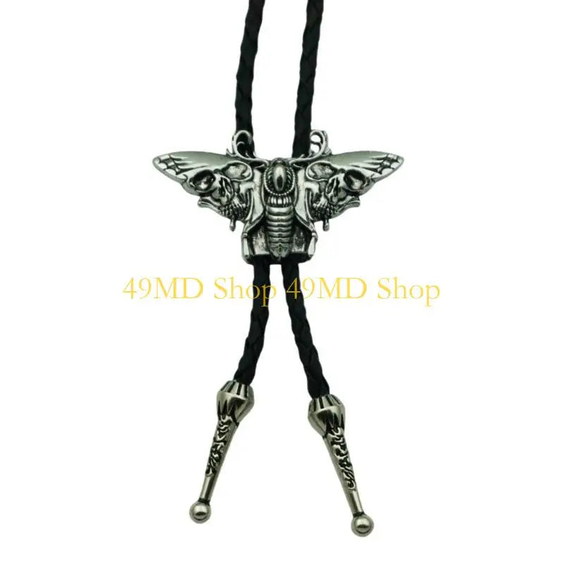 49MD Mens Gothic Western Bolo Tie Cowboy Necktie Metal Skull Moths Pedant Necklace