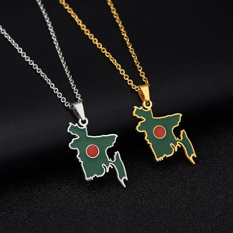2024 new fashion stainless steel vintage dripping oil Bangladesh map pendant necklace temperament everything collarbone chain bi