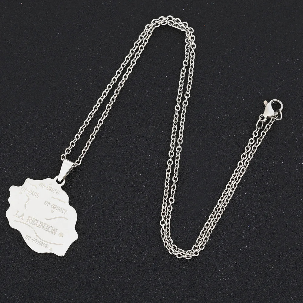 2024 New fashion stainless steel French Reunion map pendant necklace Geometric fashion men's and women's stainless steel pendant