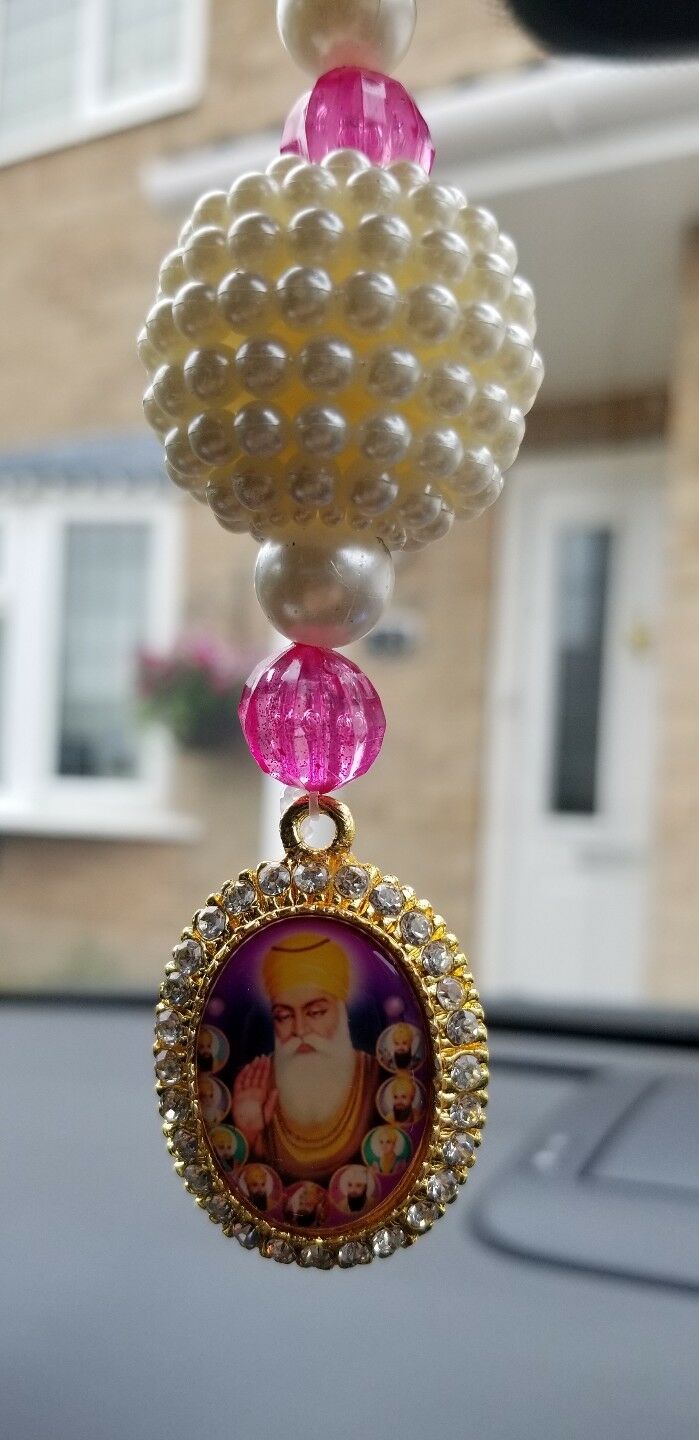 Gold Plated Punjabi Singh Kaur Sikh Ten Gurus Nanak Pendant Car Rear Mirror Pink