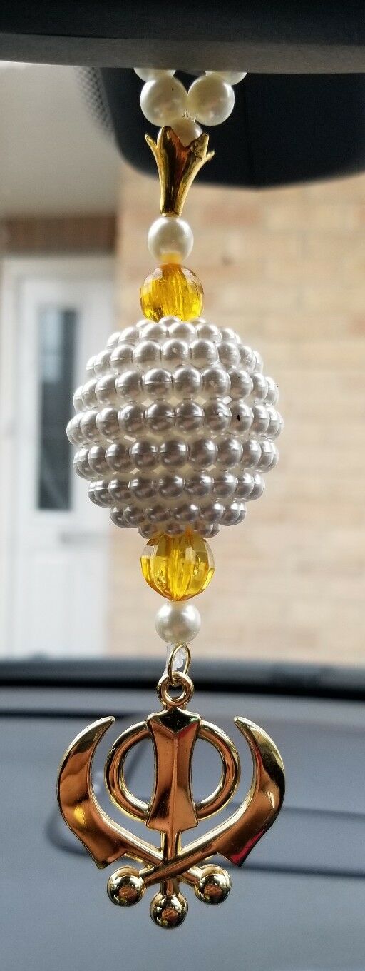 Gold Plated Punjabi Singh Kaur Sikh Kahnda Pendant Car Rear Mirror Beads Orange
