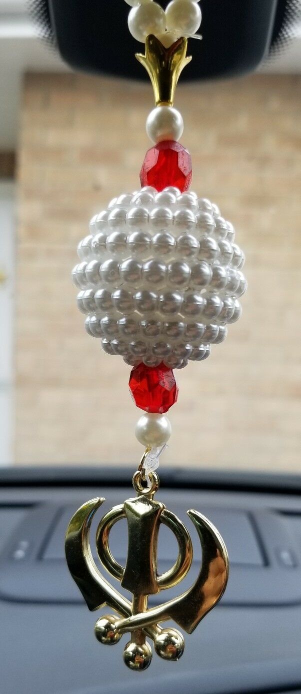 Gold Plated Khanda Punjabi Kaur Sikh Singh Pendant Car Rear Mirror Hanger Red