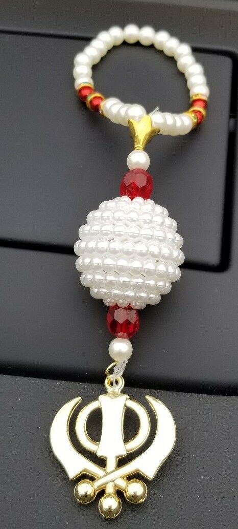 Gold Plated Khanda Punjabi Kaur Sikh Singh Pendant Car Rear Mirror Hanger Red