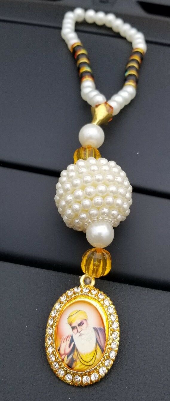 Gold Plated Punjabi Singh Kaur Sikh Guru Nanak Ji Pendant Car Rear Mirror Beads