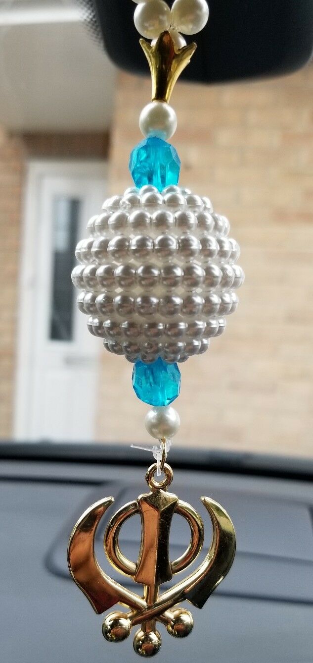 Gold Plated Punjabi Singh Kaur Sikh Kahnda Pendant Car Rear Mirror Beads Blue