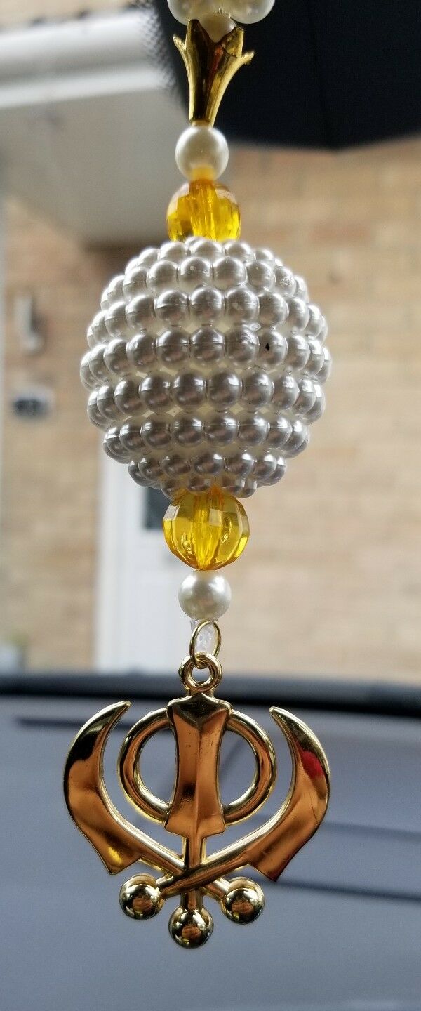 Gold Plated Punjabi Singh Kaur Sikh Kahnda Pendant Car Rear Mirror Beads Orange