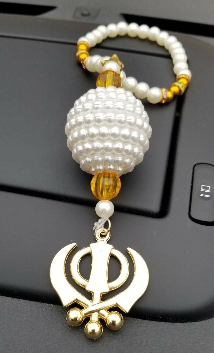 Gold Plated Punjabi Singh Kaur Sikh Kahnda Pendant Car Rear Mirror Beads Orange