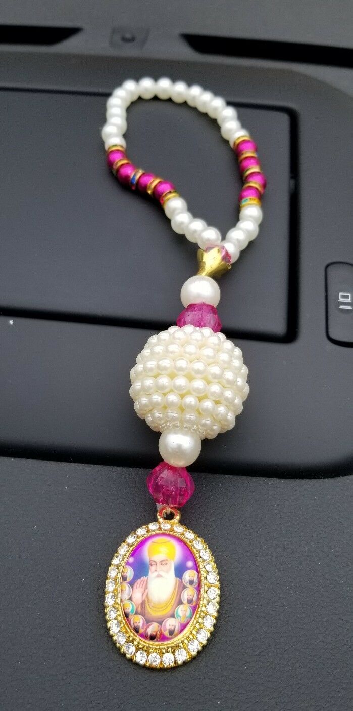 Gold Plated Punjabi Singh Kaur Sikh Ten Gurus Nanak Pendant Car Rear Mirror Pink