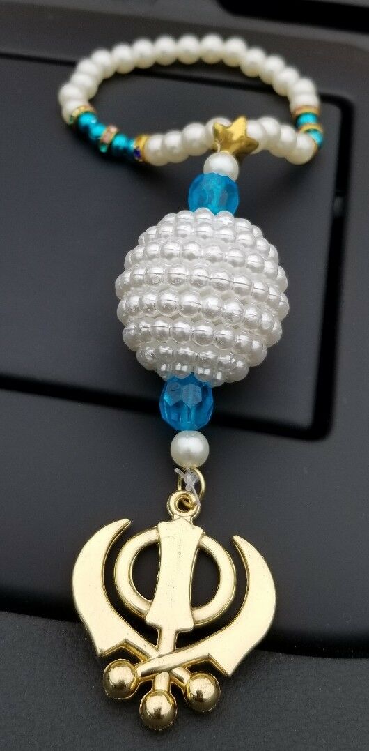 Gold Plated Punjabi Singh Kaur Sikh Kahnda Pendant Car Rear Mirror Beads Blue
