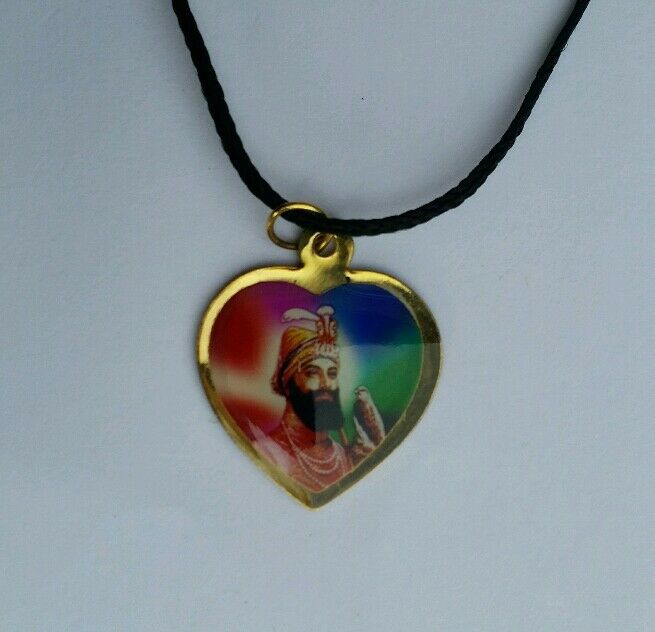 Sikh Double Sided Guru Nanak Ji Guru Gobind Singh Heart Pendant in black thread