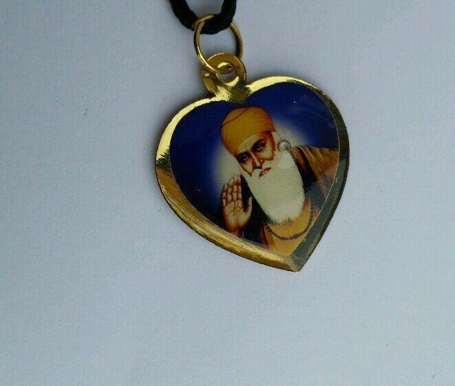 Sikh Double Sided Guru Nanak Ji Guru Gobind Singh Heart Pendant in black thread