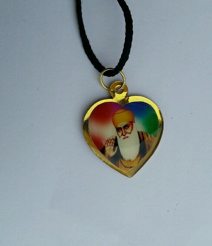Sikh Double Sided Guru Nanak Ji Guru Gobind Singh Heart Pendant in black thread