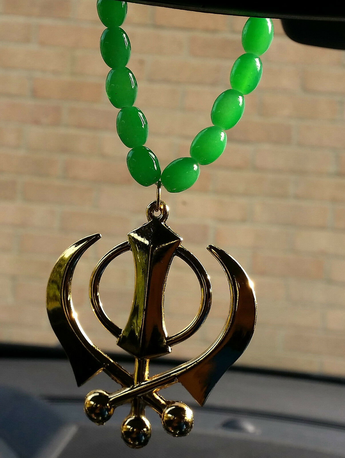 Gold Plated Punjabi Sikh Large Khanda Pendant Car Hanging in Green Beads