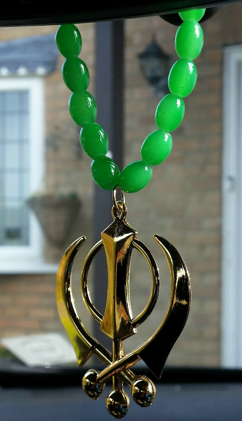 Gold Plated Punjabi Sikh Large Khanda Pendant Car Hanging in Green Beads