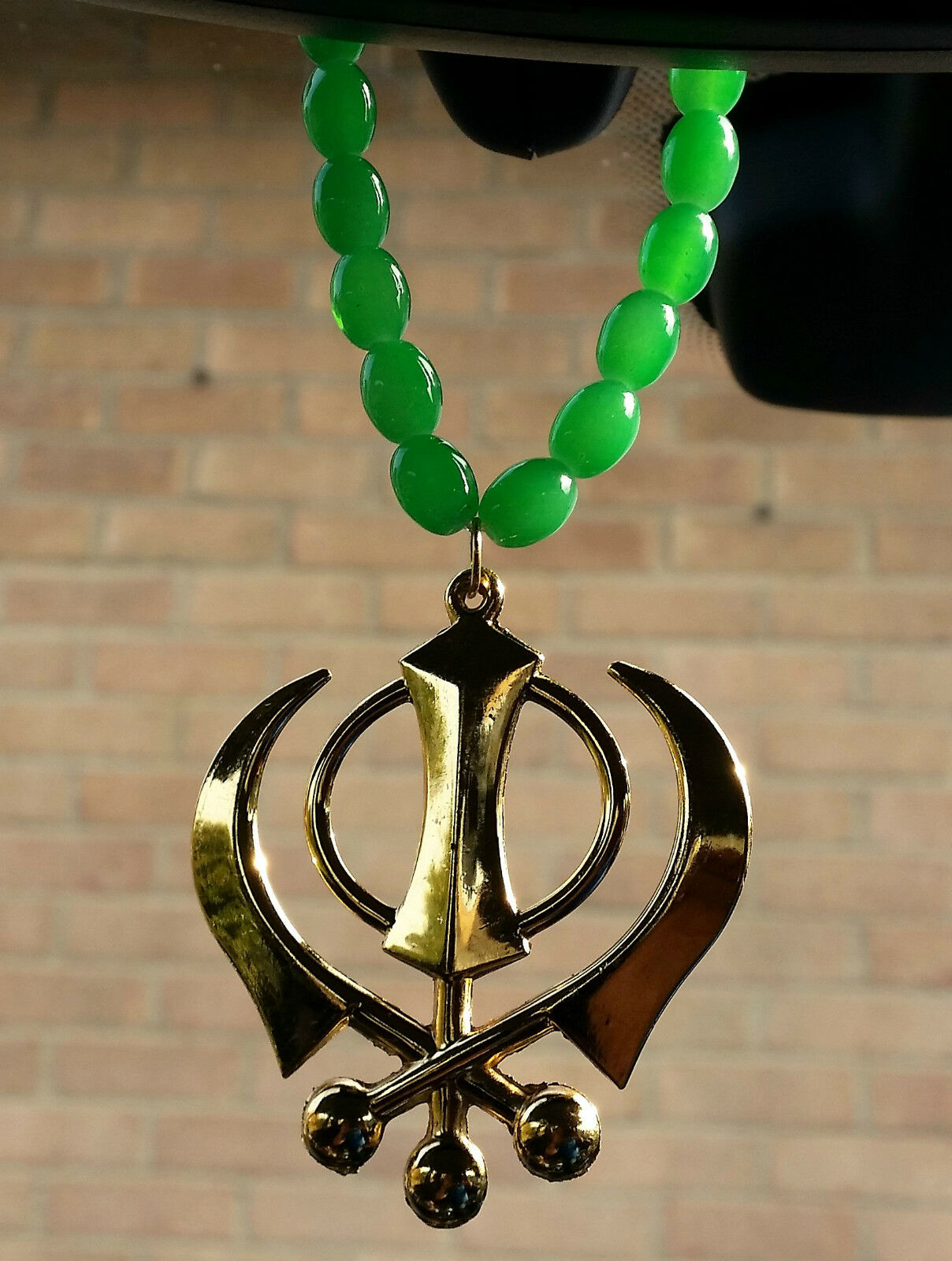Gold Plated Punjabi Sikh Large Khanda Pendant Car Hanging in Green Beads