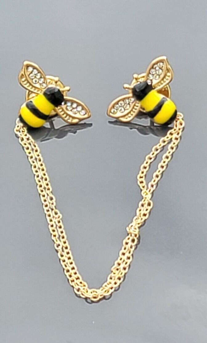 Honey bee collar cross chain brooch gold plated vintage look retro lapel pin k9