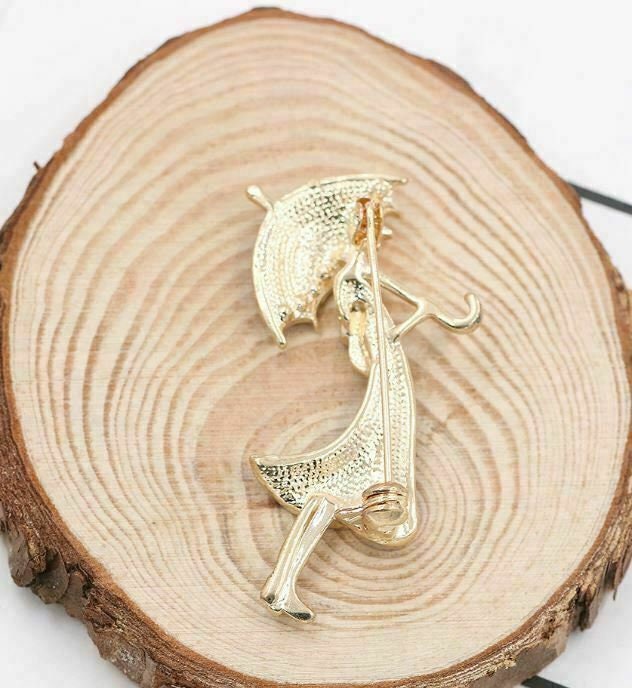 Vintage look gold plated blu lady umbrella brooch suit coat broach pin collar u2