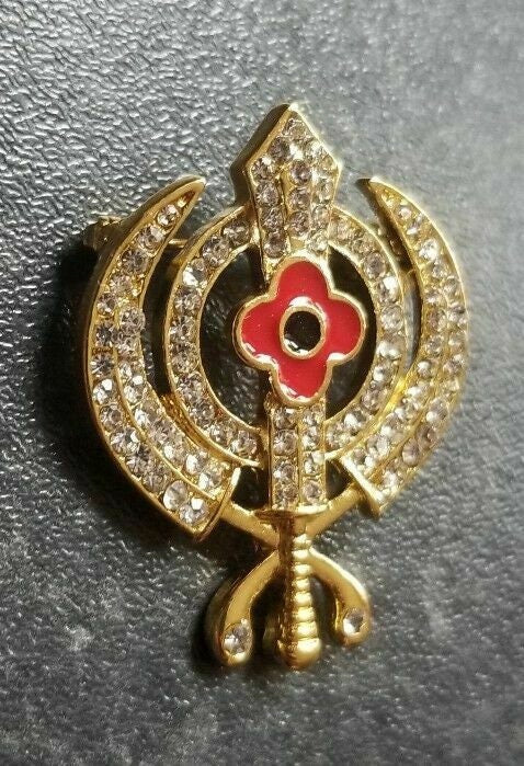 Stunning diamonte gold plated sikh khandapoppy khalsa singh kaur brooch pin gift