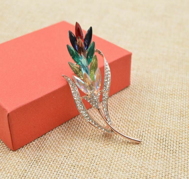 Stunning diamonte gold plated vintage look wheat twig christmas brooch pin c4
