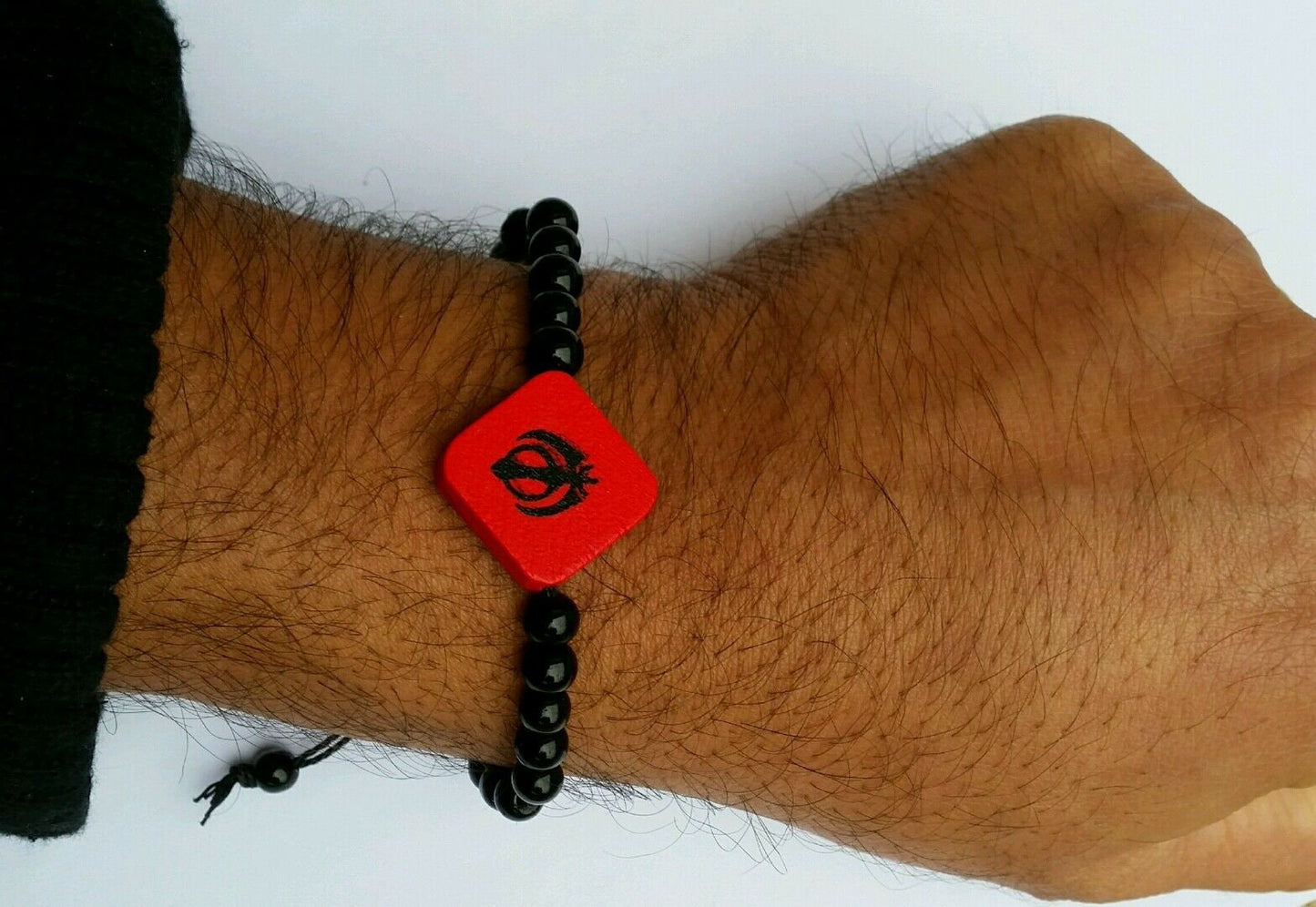 Unisex black thread and black beaded sikh red khanda bracelet - christmas gift