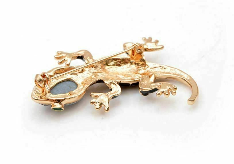 Vintage look gold plated black lizard brooch suit coat gecko broach pin collar g