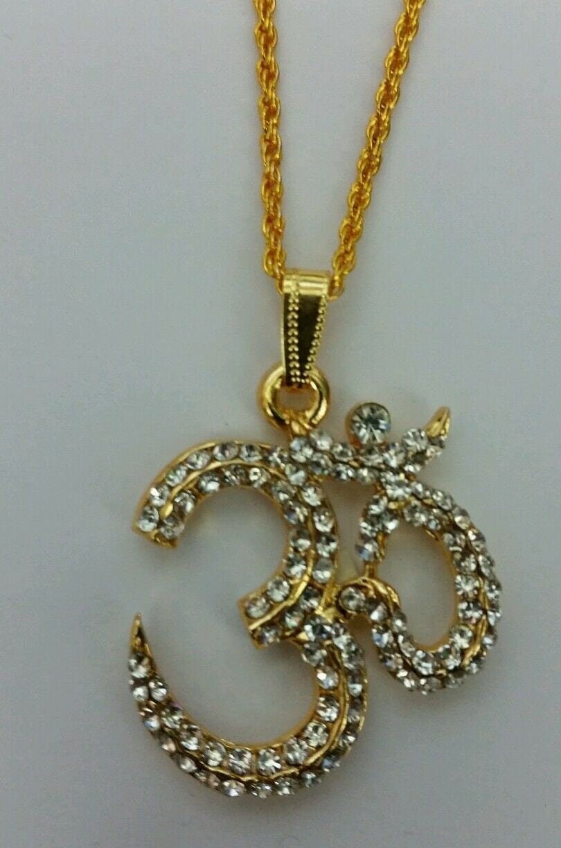 Unisex small stunning rhinestones gold plated punjabi hindu sikh om pendant