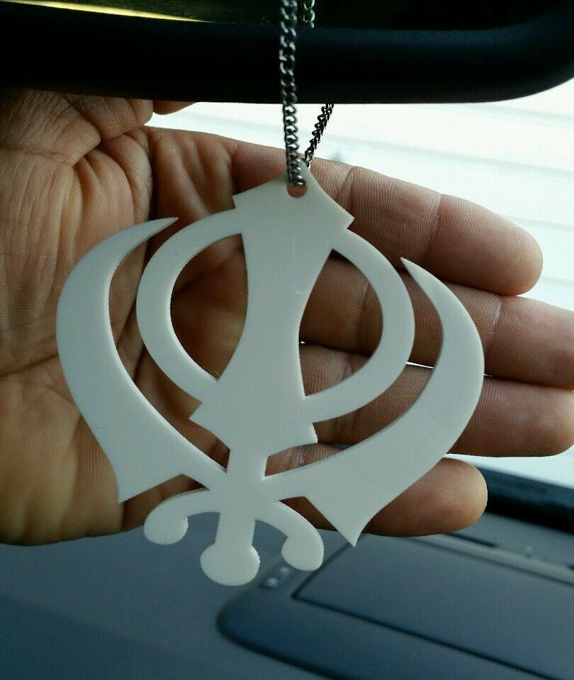 Small White Acrylic Khanda Punjabi Sikh Pendant Car Rear Mirror Hanging in Chain