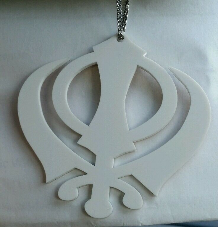 Small White Acrylic Khanda Punjabi Sikh Pendant Car Rear Mirror Hanging in Chain