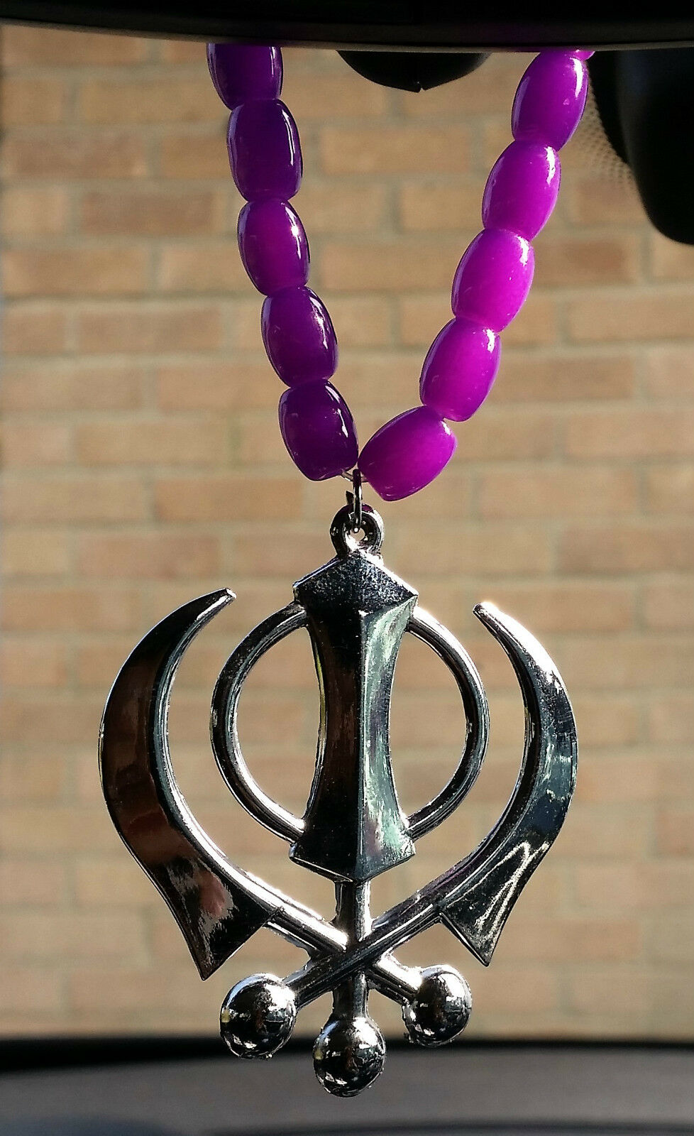 Silver Plated Punjabi Sikh Large Khanda Pendant Car Hanging in Purple Beads