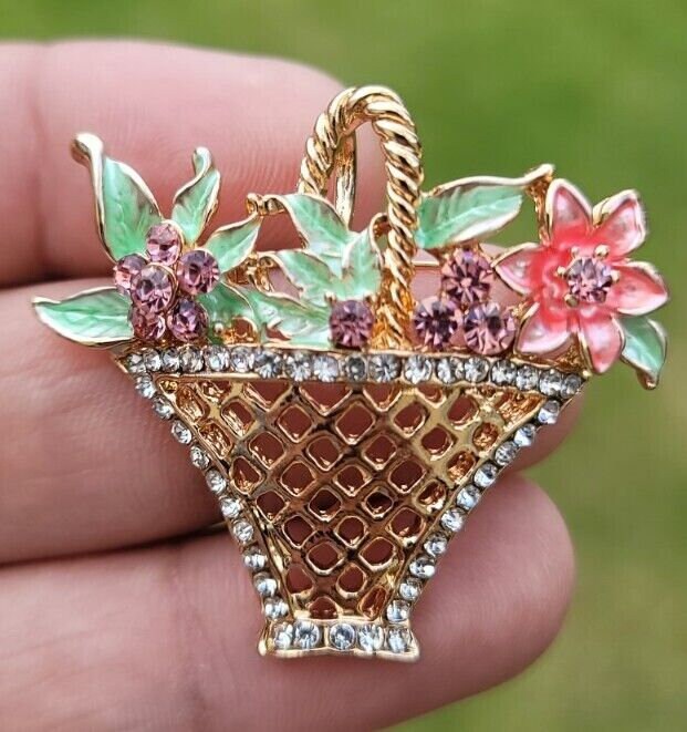 Flower basket brooch vintage look gold plated designer broach celebrity pin k32