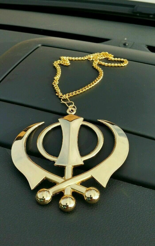 Gold plated Punjabi Sikh Extra Large Khanda Pendant Car Rear mirror Hanger Gift