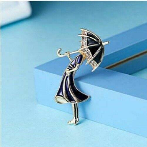 Vintage look gold plated blu lady umbrella brooch suit coat broach pin collar u2