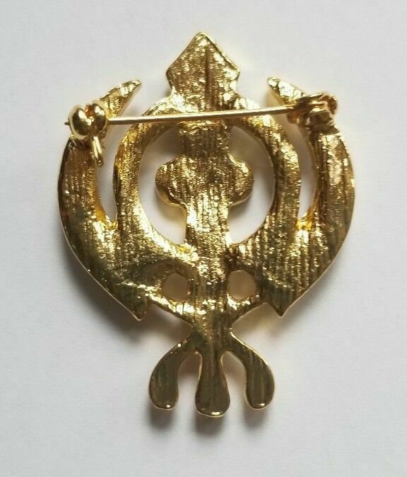 Stunning diamonte gold plated sikh khandapoppy khalsa singh kaur brooch pin gift