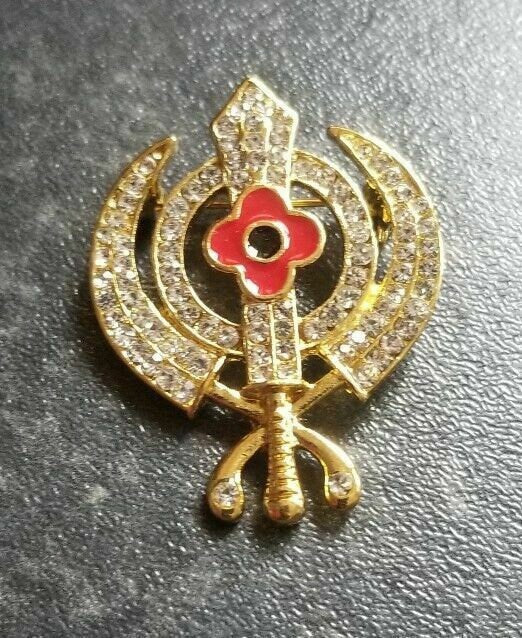 Stunning diamonte gold plated sikh khandapoppy khalsa singh kaur brooch pin gift