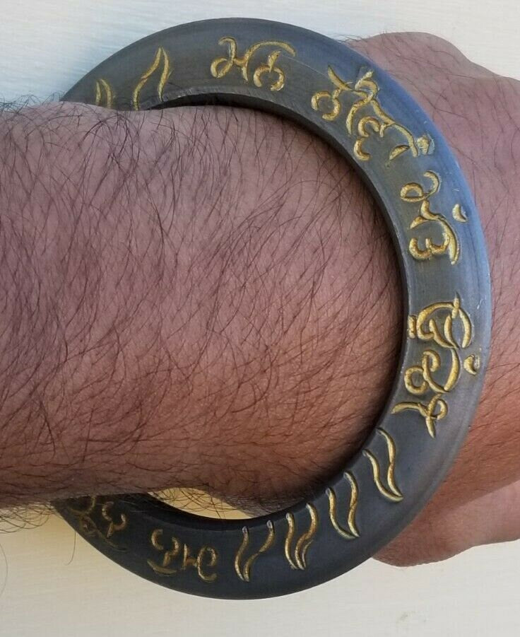 Sarbloh Kara Sikh Kada Mann Neeva Matt Uchi Gold Engraved Heavy Chakri Bangle V19R Unisex Gurbani Bracelet