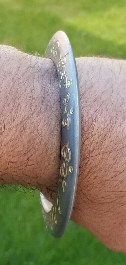 Sarbloh Kara Sikh Kada Mann Neeva Matt Uchi Gold Engraved Heavy Chakri Bangle V19R Unisex Gurbani Bracelet