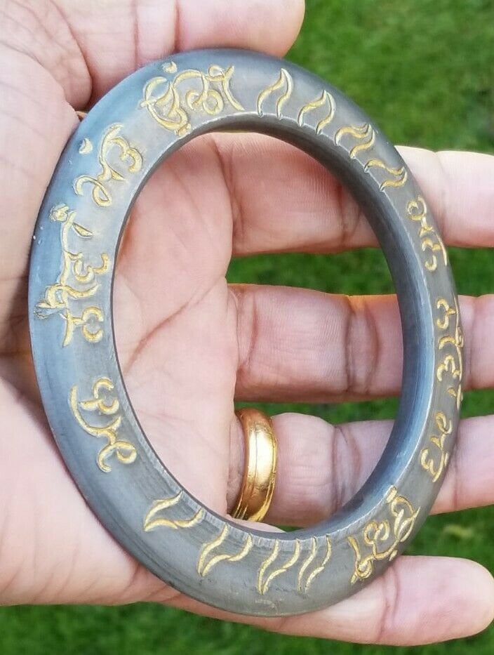 Sarbloh Kara Sikh Kada Mann Neeva Matt Uchi Gold Engraved Heavy Chakri Bangle V19R Unisex Gurbani Bracelet