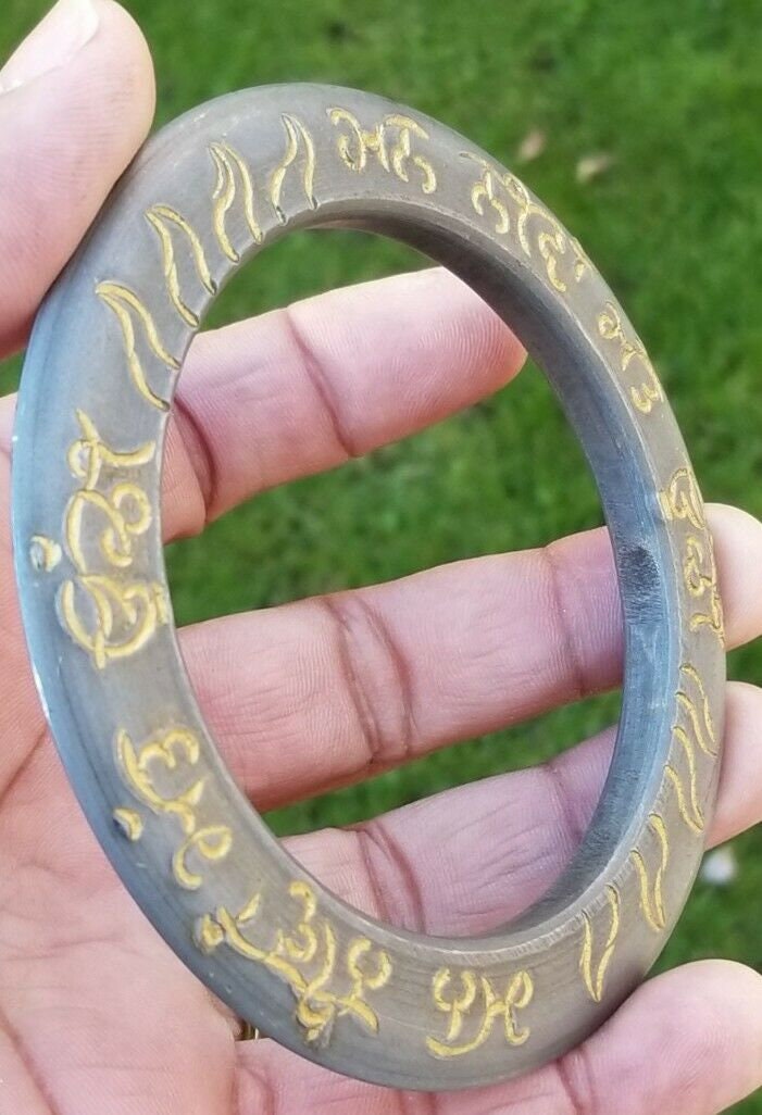 Sarbloh Kara Sikh Kada Mann Neeva Matt Uchi Gold Engraved Heavy Chakri Bangle V19R Unisex Gurbani Bracelet