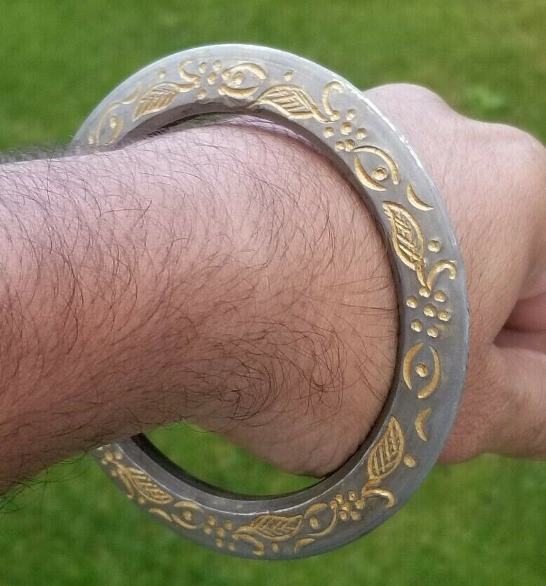 Sarbloh Kara Pure Iron Sikh Kada Floral Gold Engraved Heavy Chakri Kada V14G Unisex Handmade Bangle