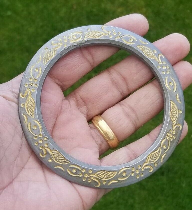 Sarbloh Kara Pure Iron Sikh Kada Floral Gold Engraved Heavy Chakri Kada V14G Unisex Handmade Bangle
