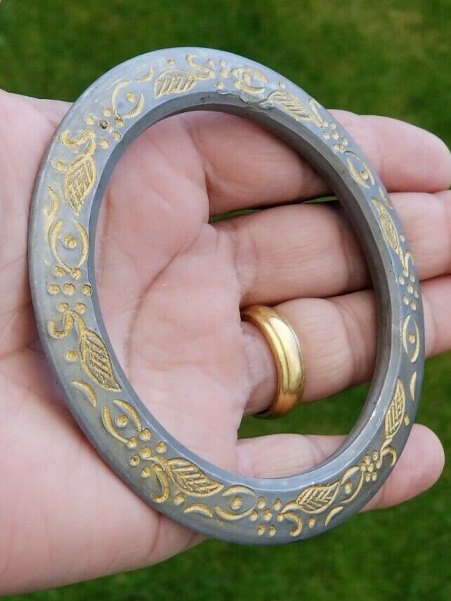 Sarbloh Kara Pure Iron Sikh Kada Floral Gold Engraved Heavy Chakri Kada V14G Unisex Handmade Bangle