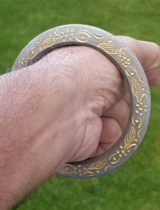 Sarbloh Kara Pure Iron Sikh Kada Floral Gold Engraved Heavy Chakri Kada V14G Unisex Handmade Bangle
