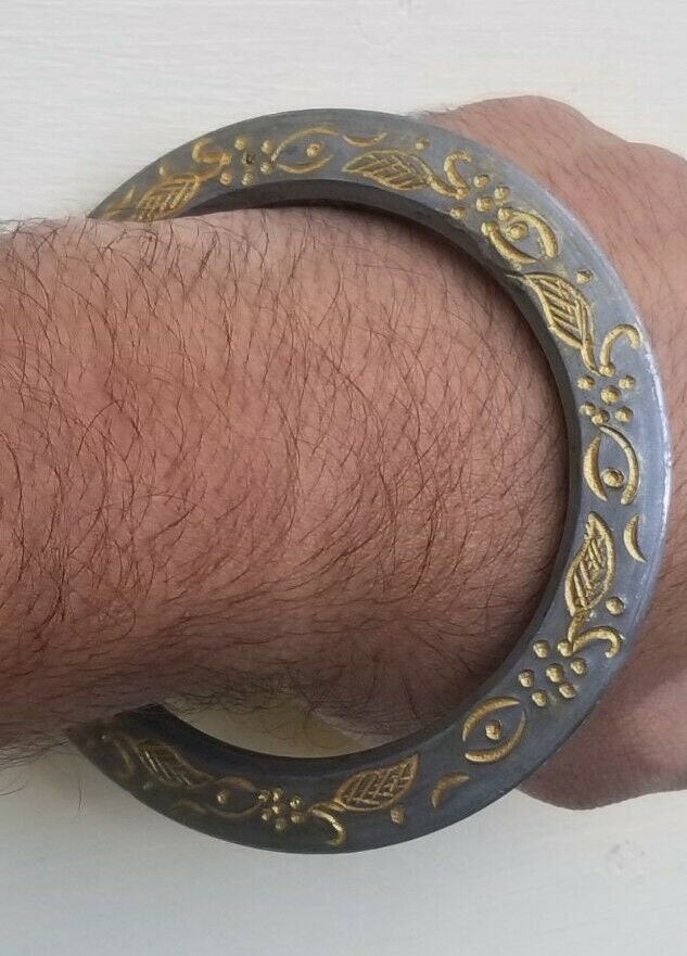 Sarbloh Kara Pure Iron Sikh Kada Floral Gold Engraved Heavy Chakri Kada V14G Unisex Handmade Bangle