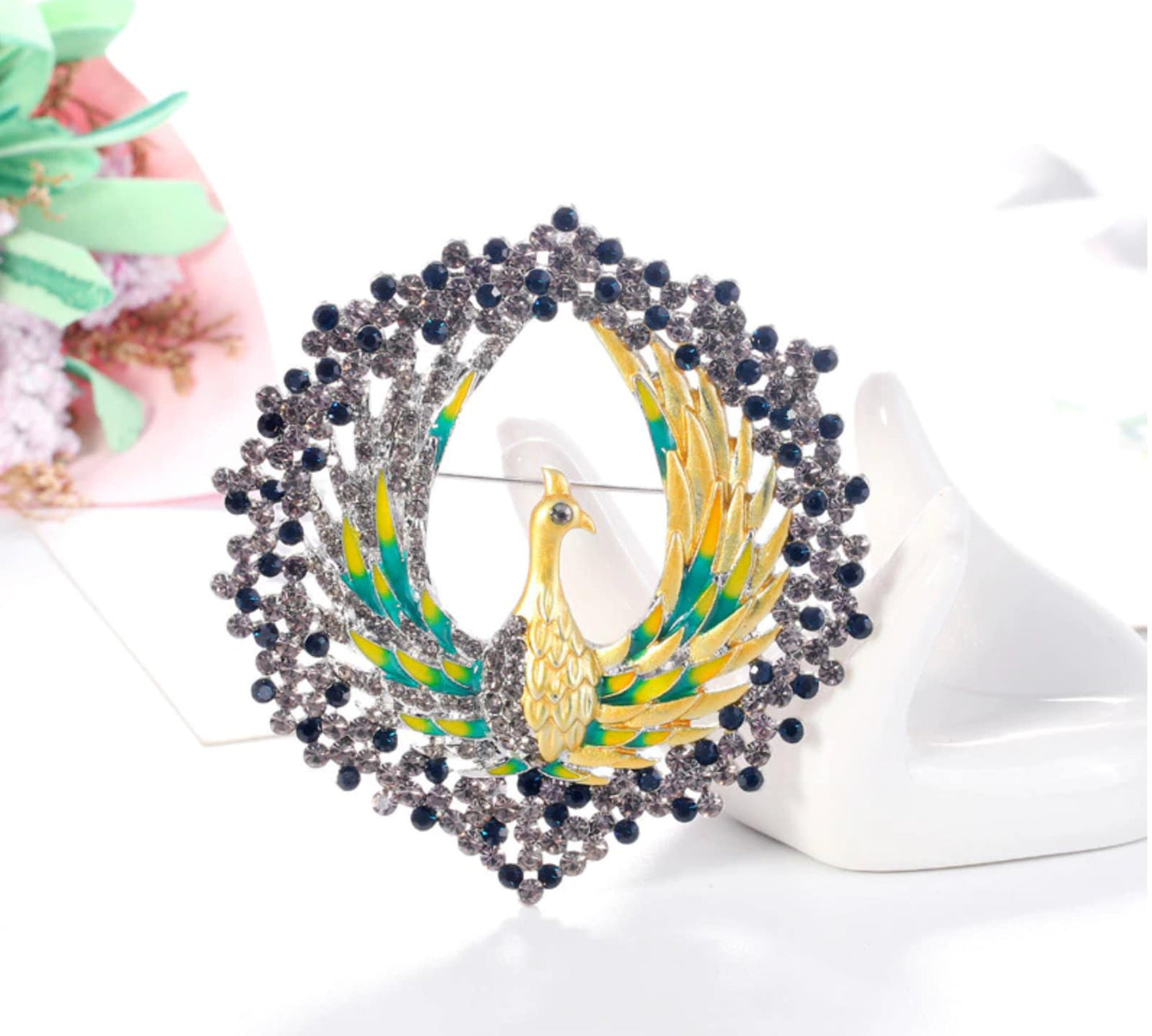 Peacock Brooch Rhinestones Silver Plated Vintage Look Suit Celebrity Pin Gift JJJ5