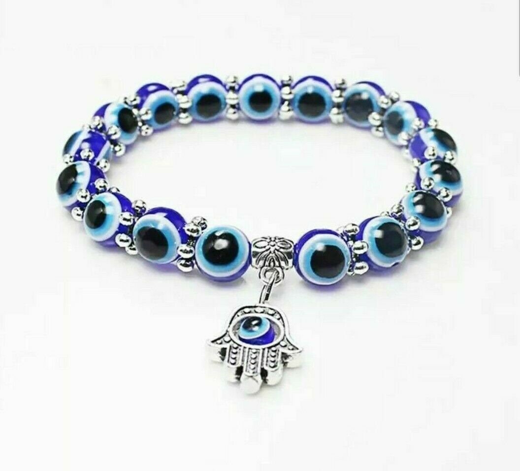 Authentic Turkey Glass Bead Evil Eye Protection Hamsa Hand Fatima Palm Bracelet U87