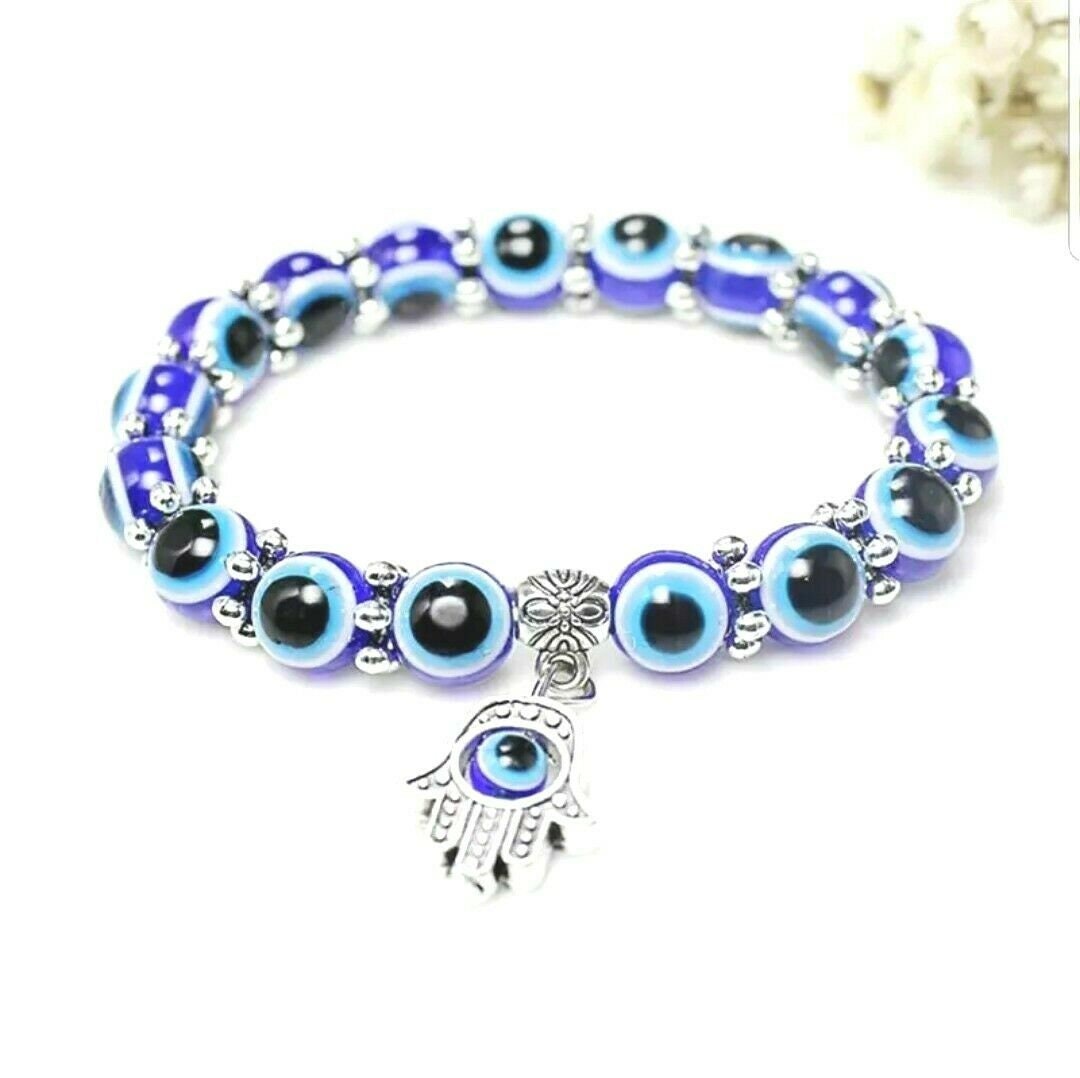 Authentic Turkey Glass Bead Evil Eye Protection Hamsa Hand Fatima Palm Bracelet U87