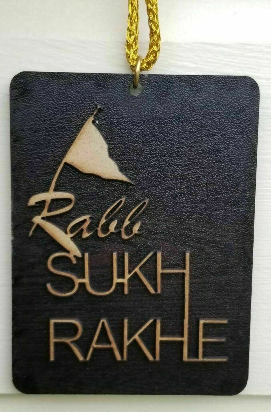 Rabb Sukh Rakhe Wooden Car Rear Mirror Pendant Nishan Sahib Sikh Hanger Gift UK KK4