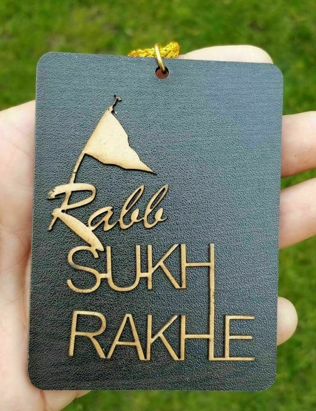 Rabb Sukh Rakhe Wooden Car Rear Mirror Pendant Nishan Sahib Sikh Hanger Gift UK KK4