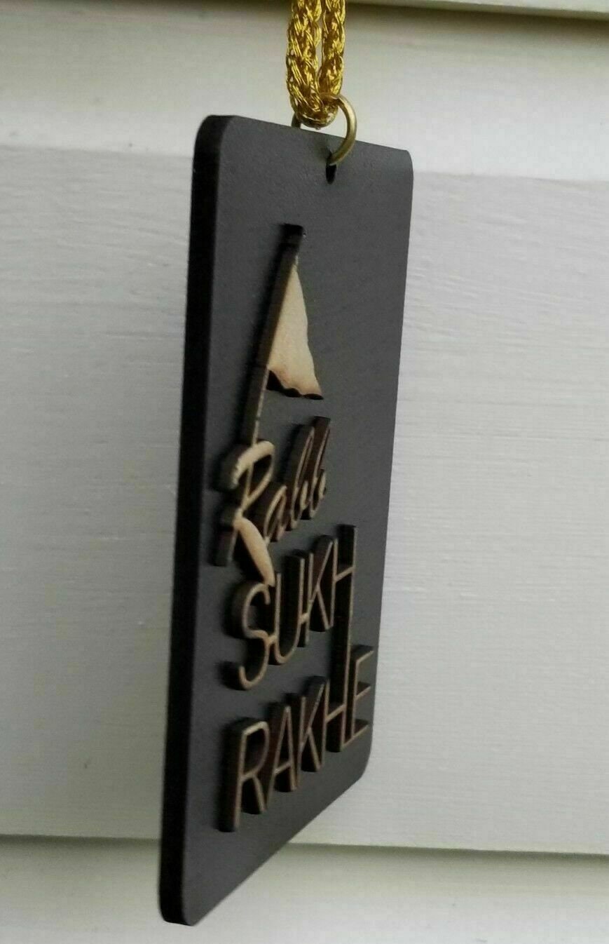 Rabb Sukh Rakhe Wooden Car Rear Mirror Pendant Nishan Sahib Sikh Hanger Gift UK KK4