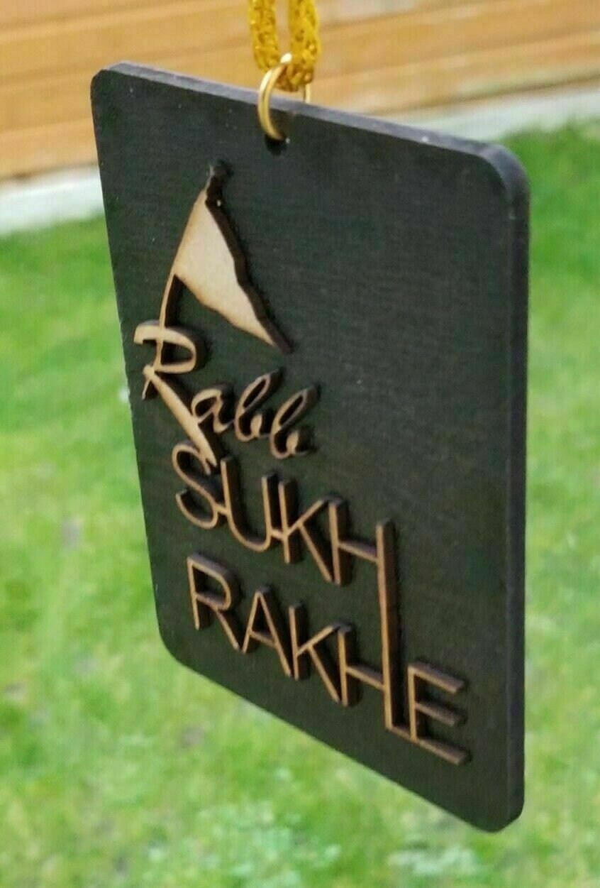 Rabb Sukh Rakhe Wooden Car Rear Mirror Pendant Nishan Sahib Sikh Hanger Gift UK KK4